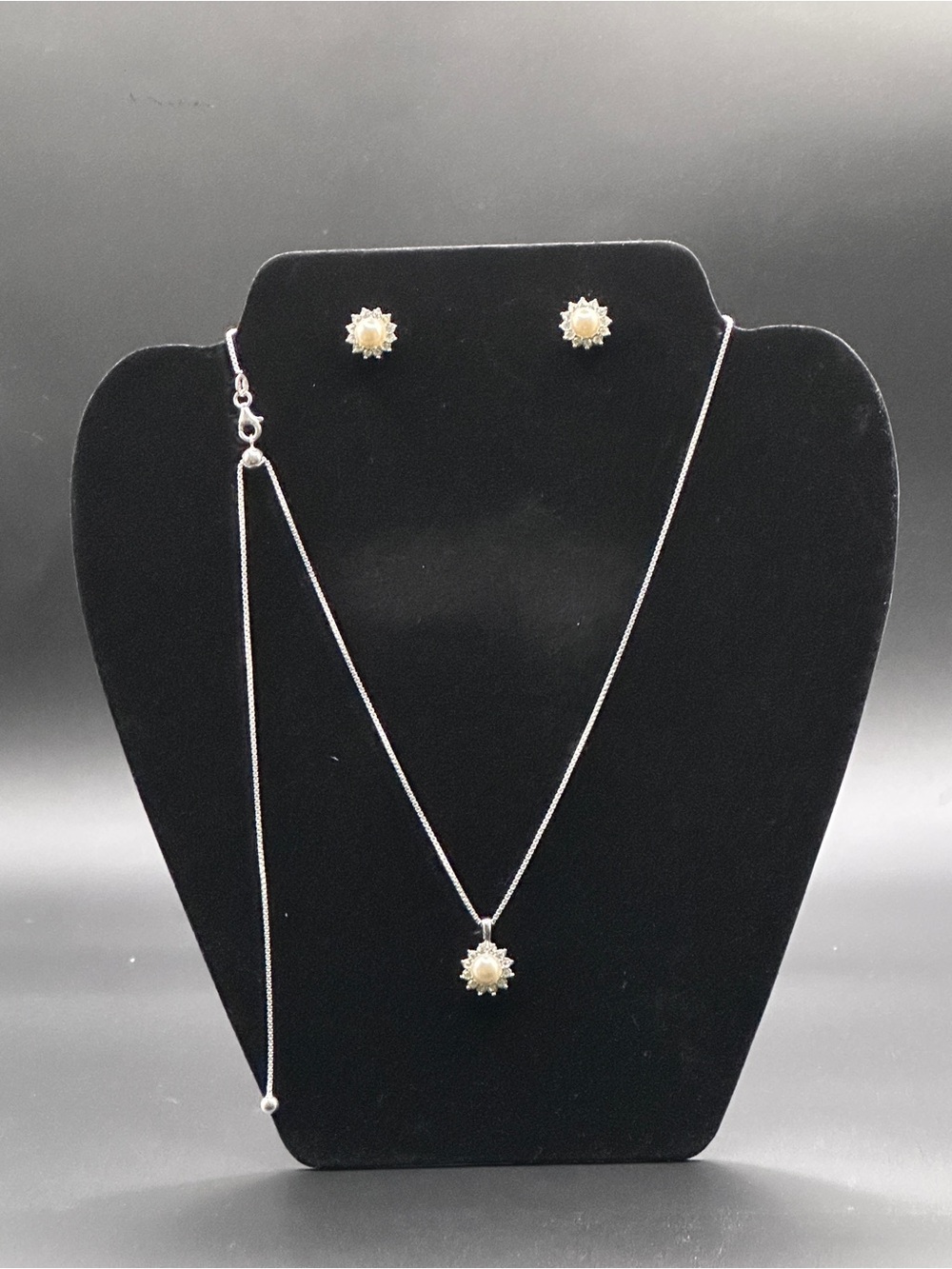 Sterling Silver 925 Pearl & Zirconia Necklace Set | Adjustable | New